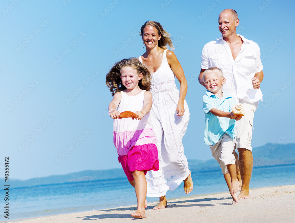 Family Bonding Running Sand Beach Summer Concept Family Bonding Running Sand Beach Summer Concept