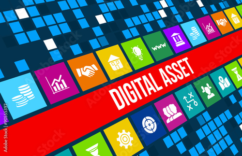 Digital asset concept image with business icons and copyspace.