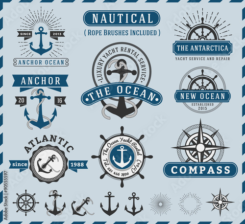 Set of Nautical, Navigational, Seafaring and Marine insignia logotype vintage design with anchor, rope, steering wheel, starburst, sunburst element | Only Free Font Used, Vector illustration