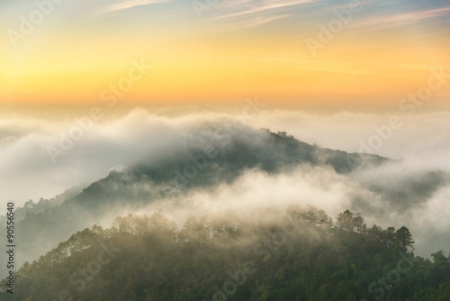 beautiful sunrise and mist in moring at Doi angkang , chiangmai