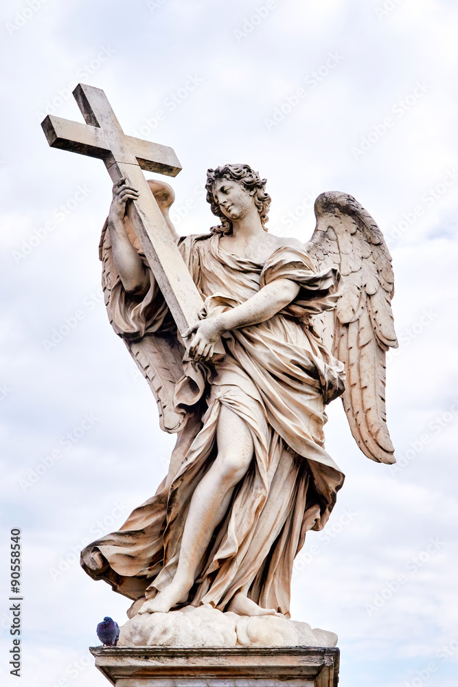 Naklejka premium Angel with the Cross statue on Ponte Sant Angelo bridge in Rome