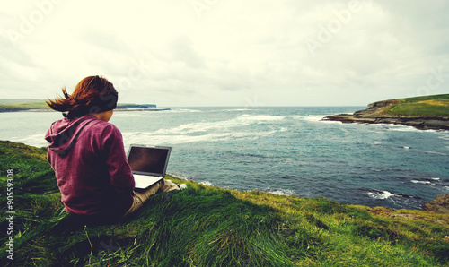 Lady Working Outdoor Network Relaxation Concept