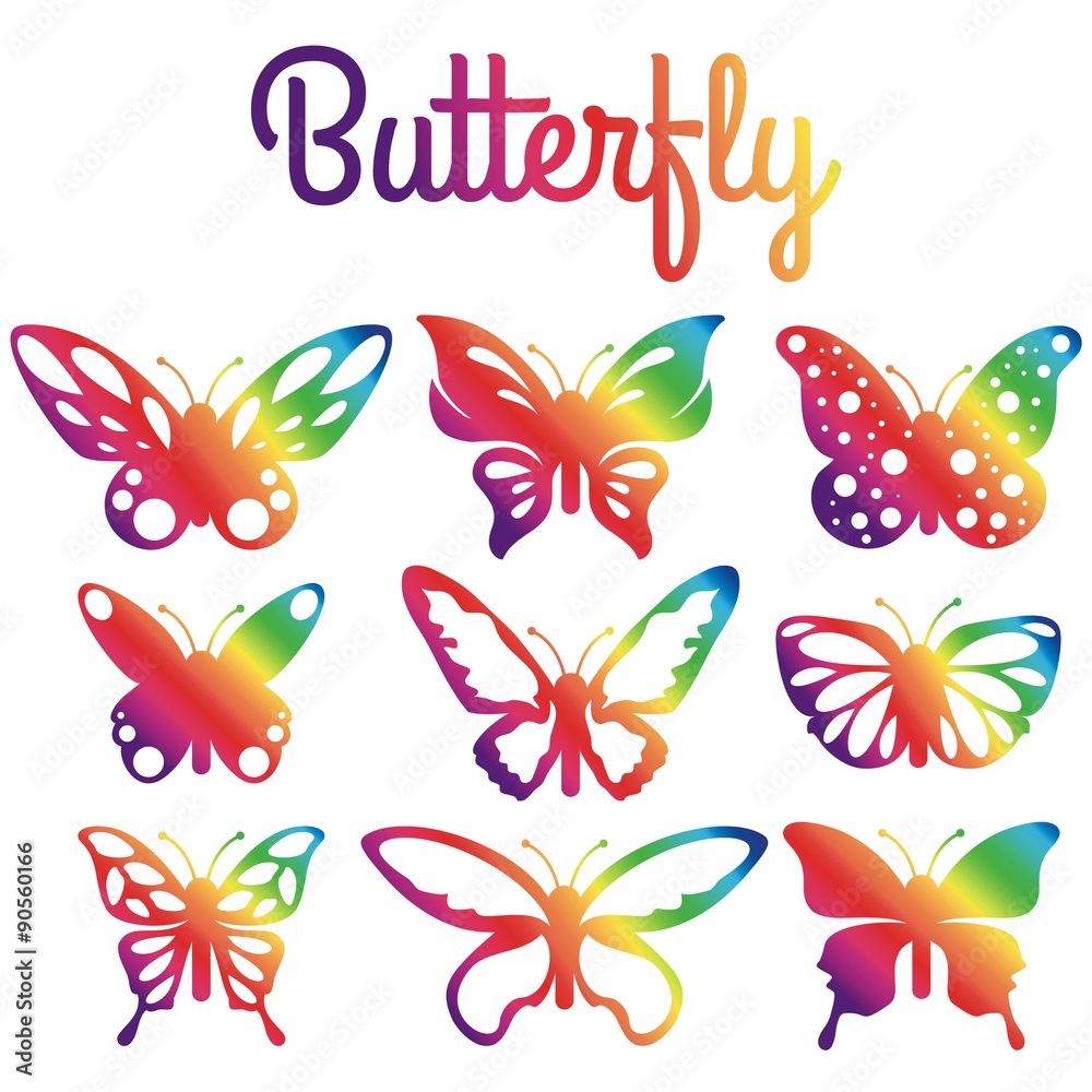 Set of bright abstract rainbow butterflies in stained glass style, isolated on white background