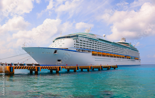 Large cruise ship is docked at Cozumel Island. Mexico