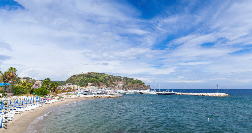 Fototapeta premium Empty sandy beach of Lacco Ameno, Ischia island