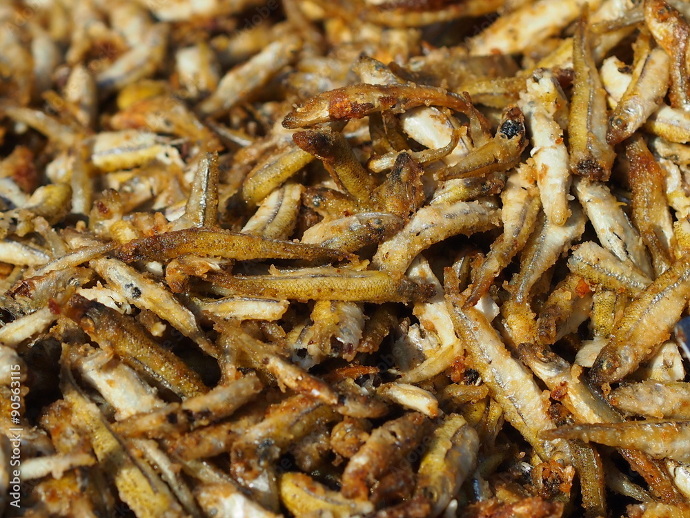 Pile of little fried fish (grundle/ Grundeln).