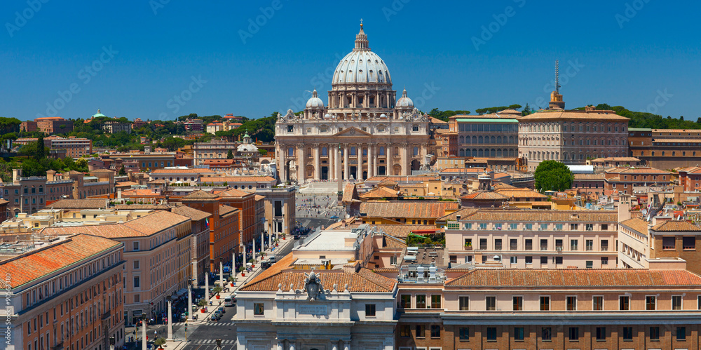 Saint Peter's Square and Vatican aerial view. Massive plaza located directly in front of St. Peter's Basilica, west of the neighborhood rione of Borgo.