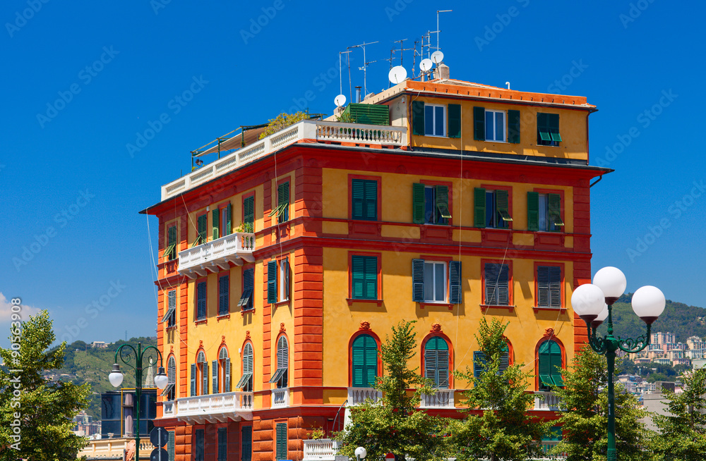Colorful living building in the city center. Genoa city, Mediterranean coast.