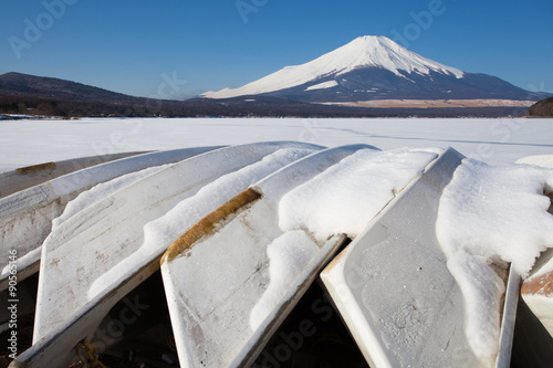 Mountain fuji and Ice lake in winter at Yamanakako lake  Yamanashi