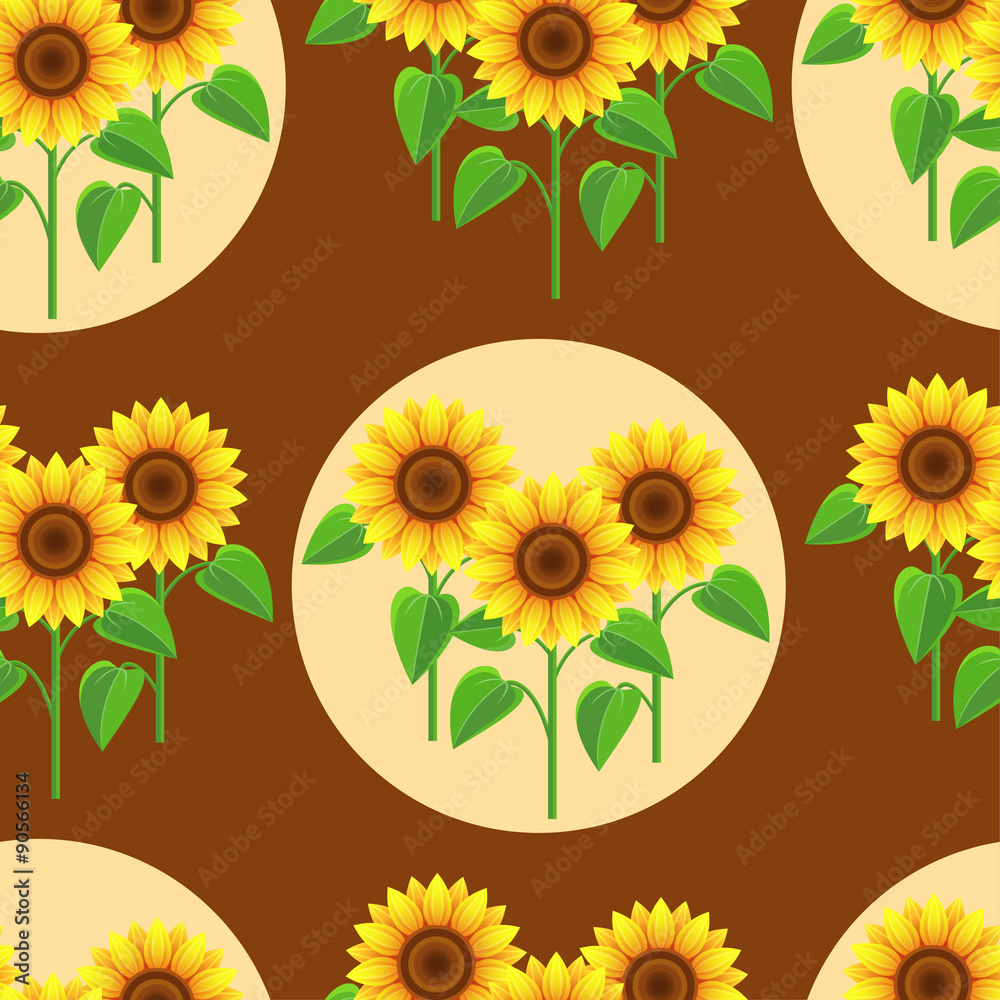 Obraz premium Seamless pattern with flowers sunflowers and circles