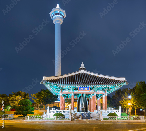 Yongdusan Park with 120-meter high Busan Tower during nighttime. Busan city