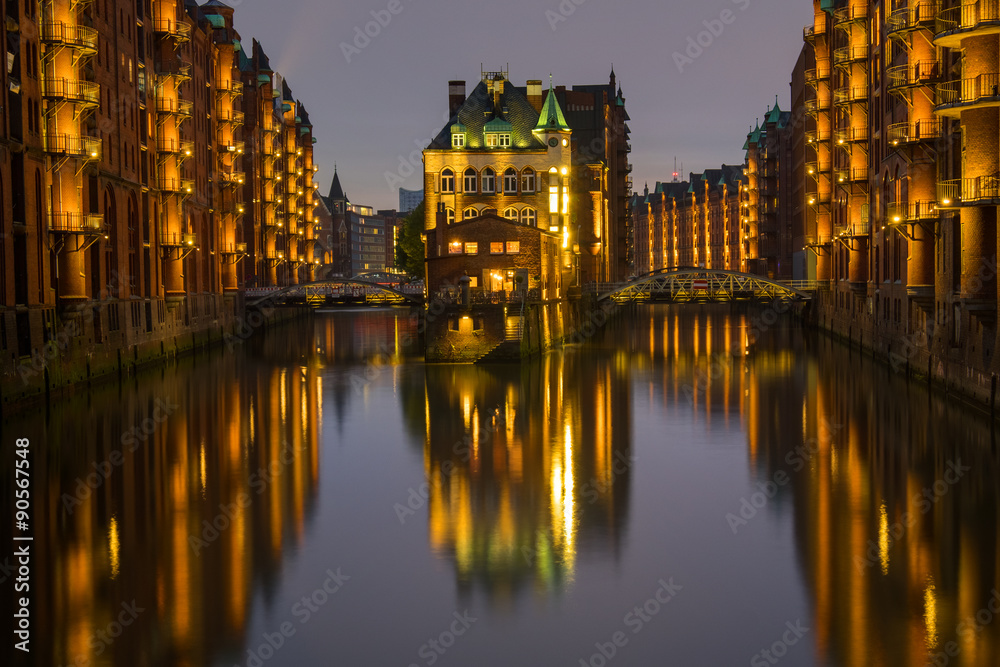 The old Speicherstadt in Hamburg, Germany, at night