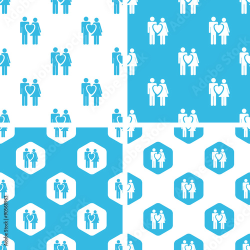 Love couple patterns set  simple and hexagon  blue and white