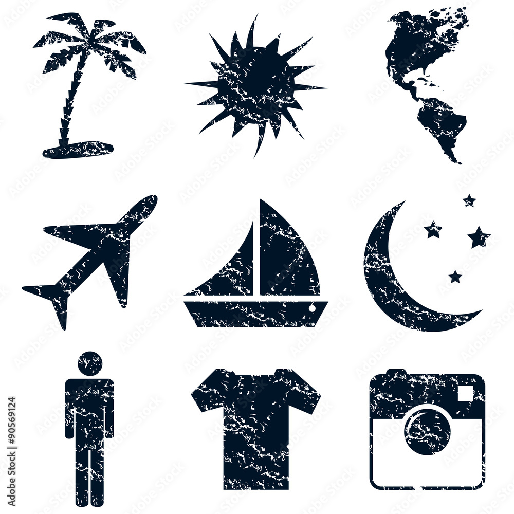 Travel icons set, grunge