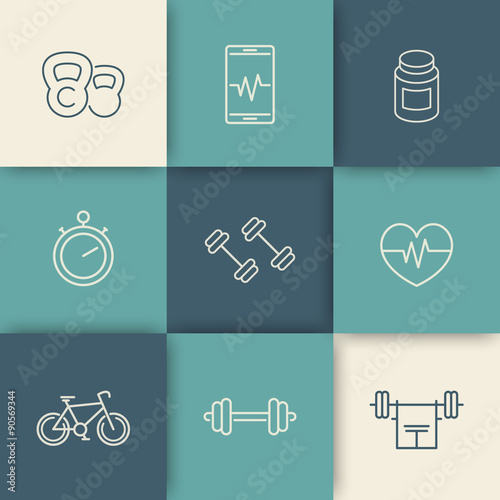 line fitness, gym linear icons on geometric background, vector illustration, eps10, easy to edit