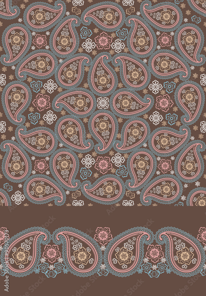 Cute Paisley seamless pattern and border