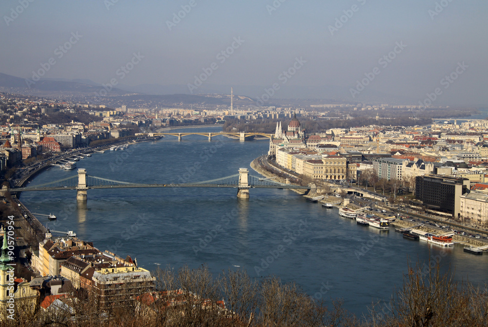 View of Danube River with Szechenyi Chain Bridge and Margaret Bridge, Budapest, Hungary