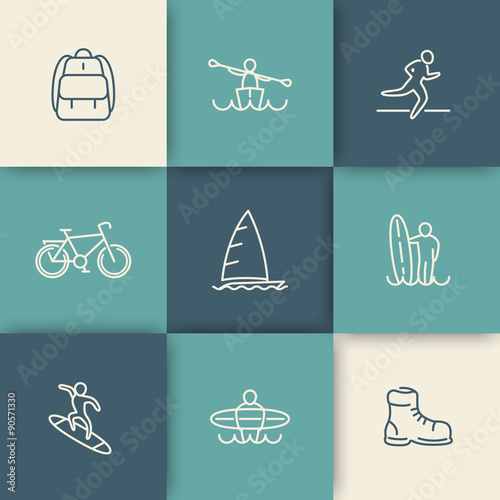 Travel, adventure, surfing, linear icons set, vector illustration, eps10, easy to edit