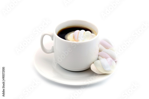 cup of coffee with marshmallows isolated on white background
 photo