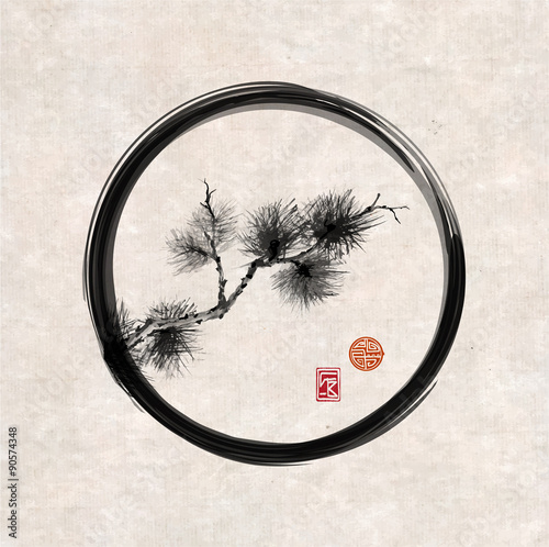 Pine tree branch in black enso zen circle 
