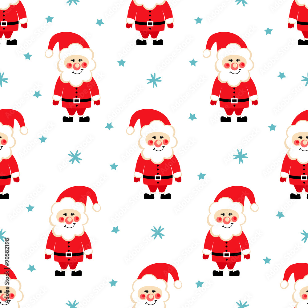 Seamless Christmas pattern with Santa Claus, snow and stars on white background. Cute Xmas background. Winter holidays texture.