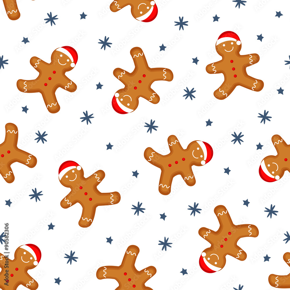 Gingerbread man is decorated in xmas hat seamless background texture. Cute vector pattern for new year's day, christmas, winter holiday, cooking, new year's eve, food, etc. Cute xmas background. Gingerbread man is decorated in xmas hat seamless background texture. Cute vector pattern for new year's day, christmas, winter holiday, cooking, new year's eve, food, etc. Cute xmas background.