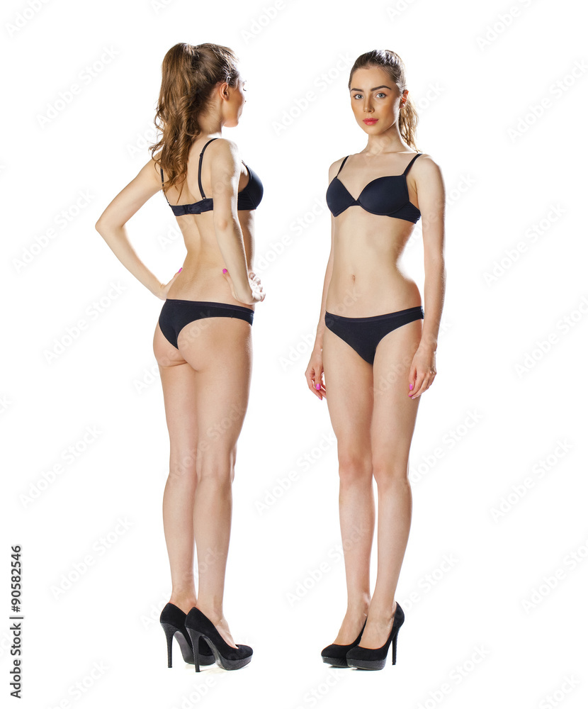 Portrait in full growth, two beautiful models in black lingerie, Portrait in full growth, two beautiful models in black lingerie,