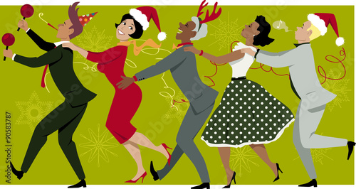 Diverse group of people dressed in vintage fashion and Christmas hats dancing Conga line, snowflakes and streamers on the background, EPS 8