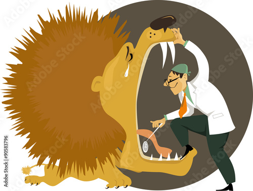Dentist stepping into an open mouth of a crying lion, examining his teeth, vector cartoon, EPS 8, no transparencies