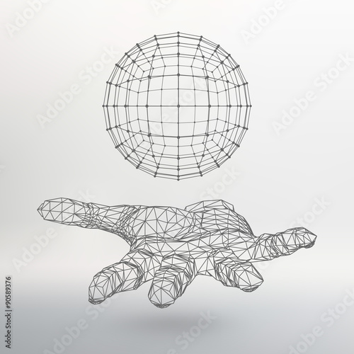 Ball on the arm. The hand holding a sphere. Polygon ball