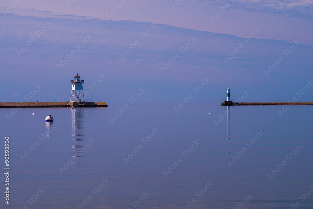 calm morning waters, grand marais lighthouse