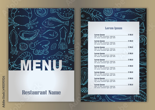 Restaurant menu with hand drawn seafood doodle elements