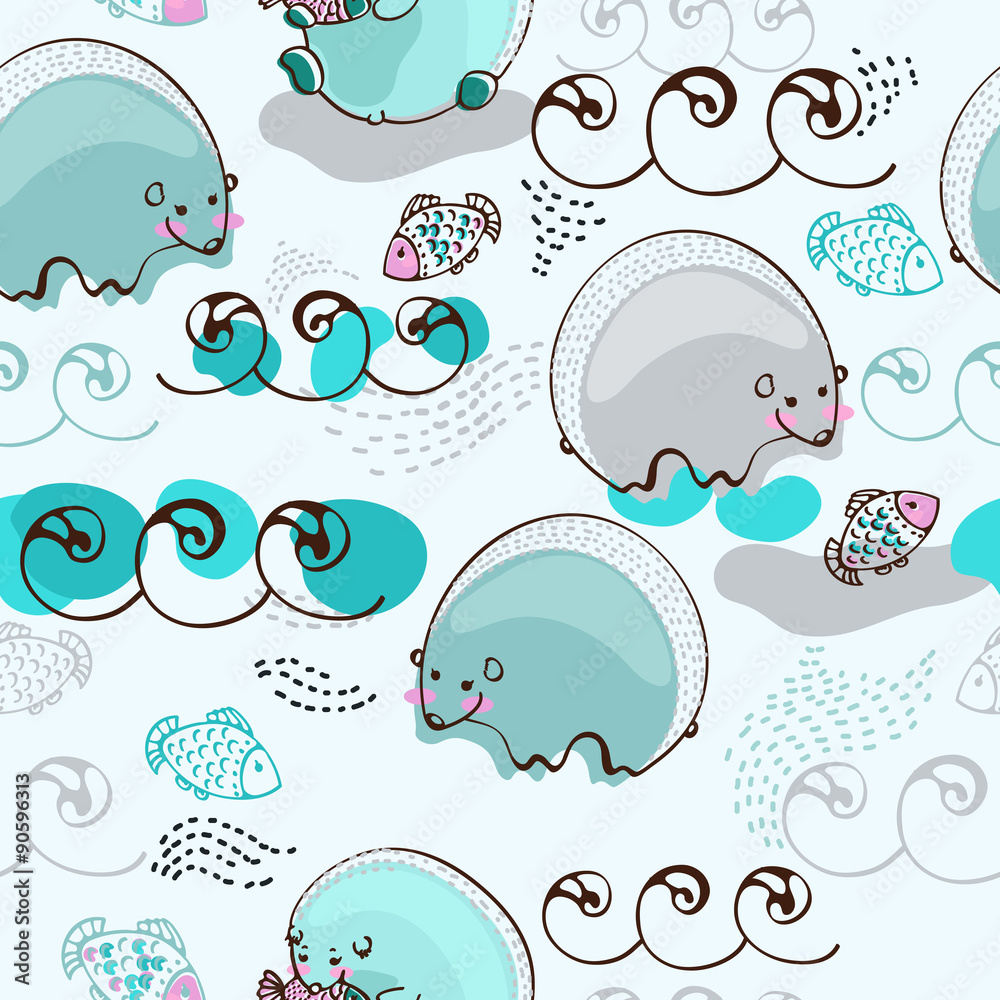 Fototapeta premium cartoon polar bear fishing salmon, seamless pattern