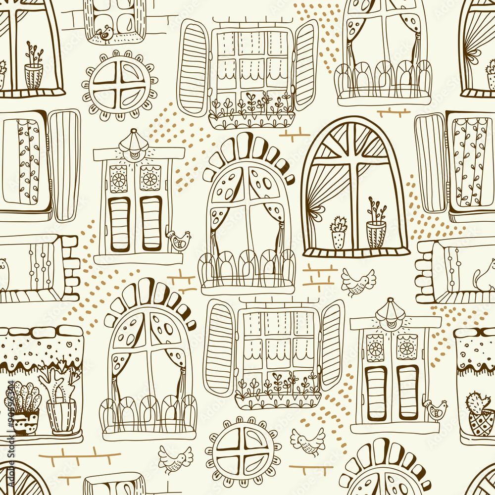 Seamless pattern with cute doodle cartoon windows Stock Vector | Adobe ...