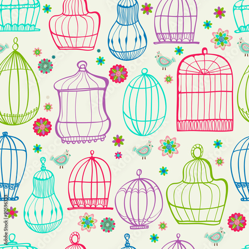 Birdcages pattern. Colorful doodle illustration.