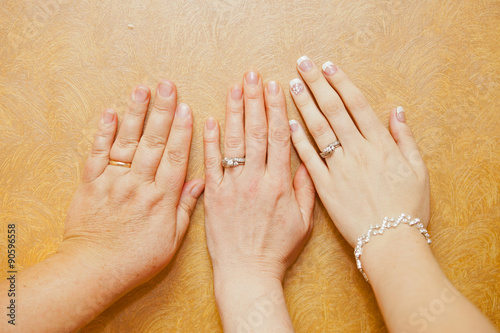 Three hands with wedding rings showing three generations of bride, mother and and grandmother 