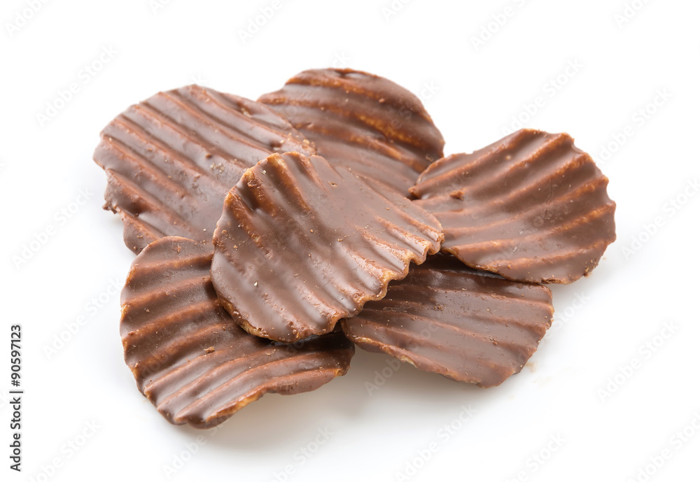 potato chip with chocolate on white potato chip with chocolate on white