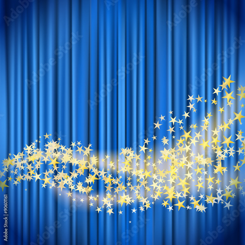 golden stars flowing over blue curtain background