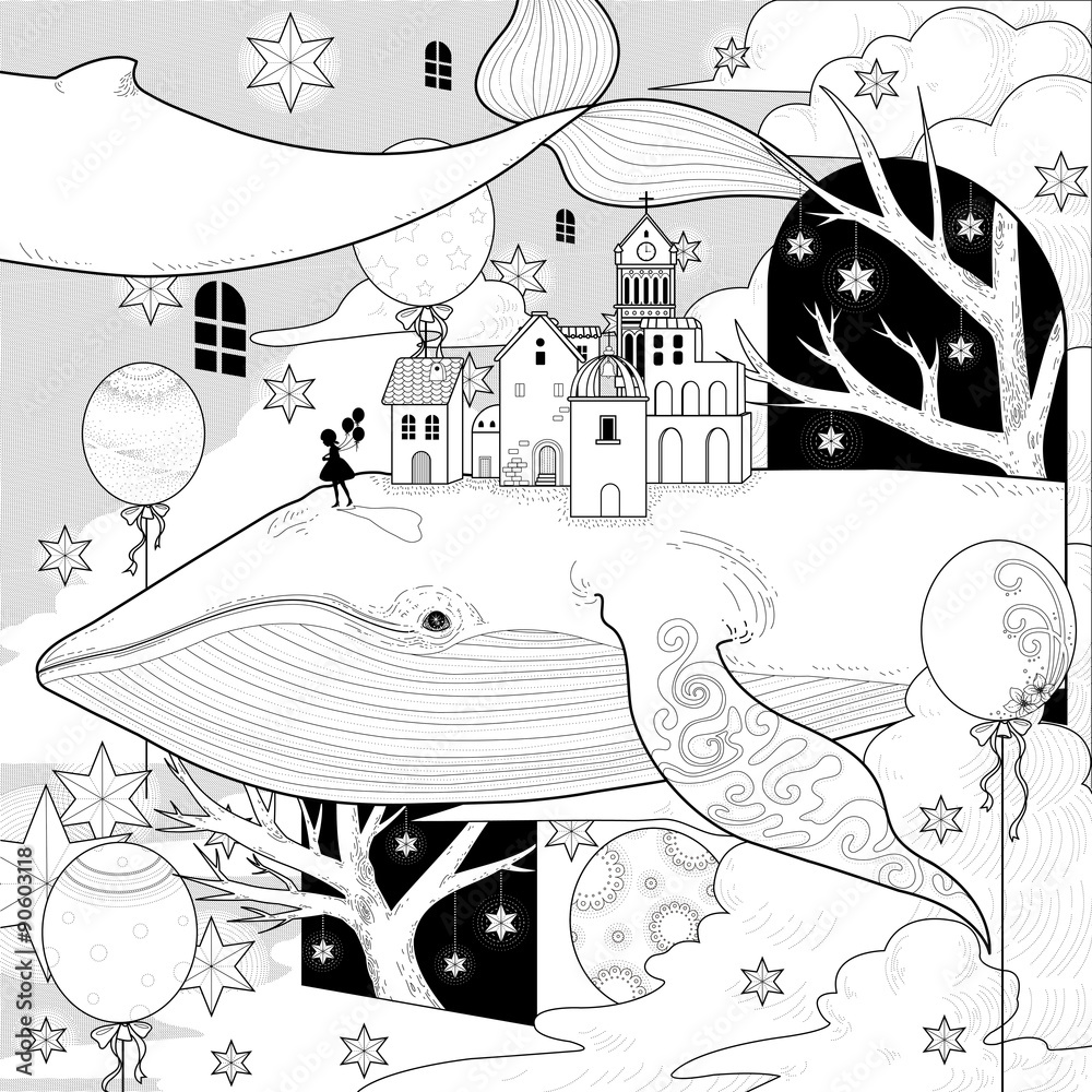 Naklejka premium fantastic whale coloring page