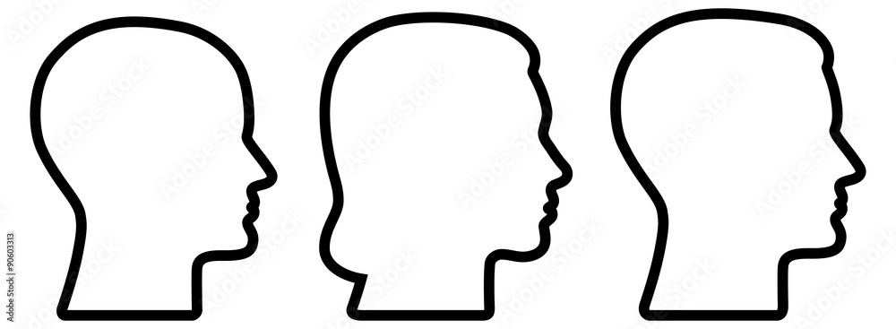 Set: 3 menschliche Gesichter im Profil: weiblich, männlich, geschlechtsneutral / Liniensymbol, Vektor, schwarz-weiß
