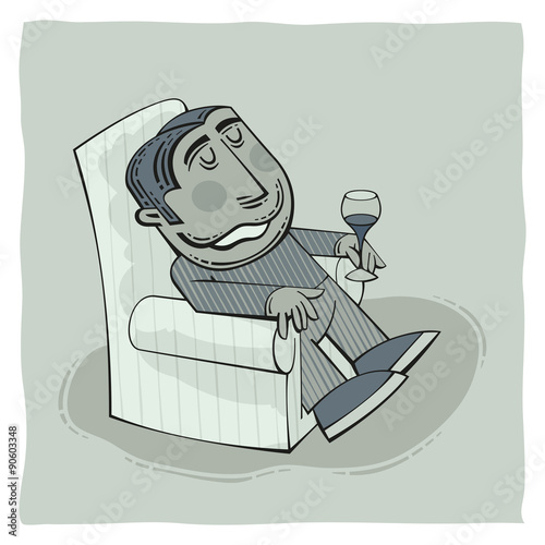 Drunk old man is barely sitting in an armchair with a glass of wine in his hand and smiling happy