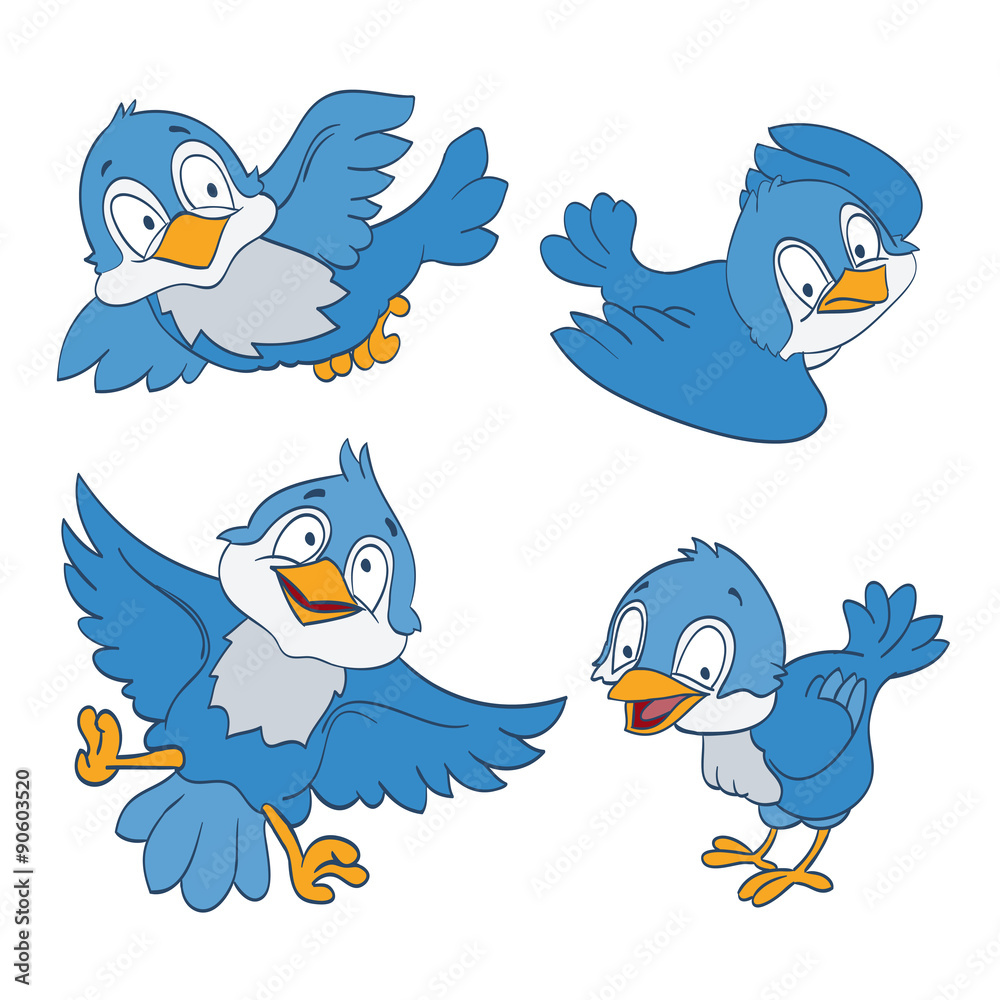 Fototapeta premium set of cartoon blue birds on white. vector