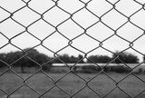 chain link fence with grass field. Black and White filter