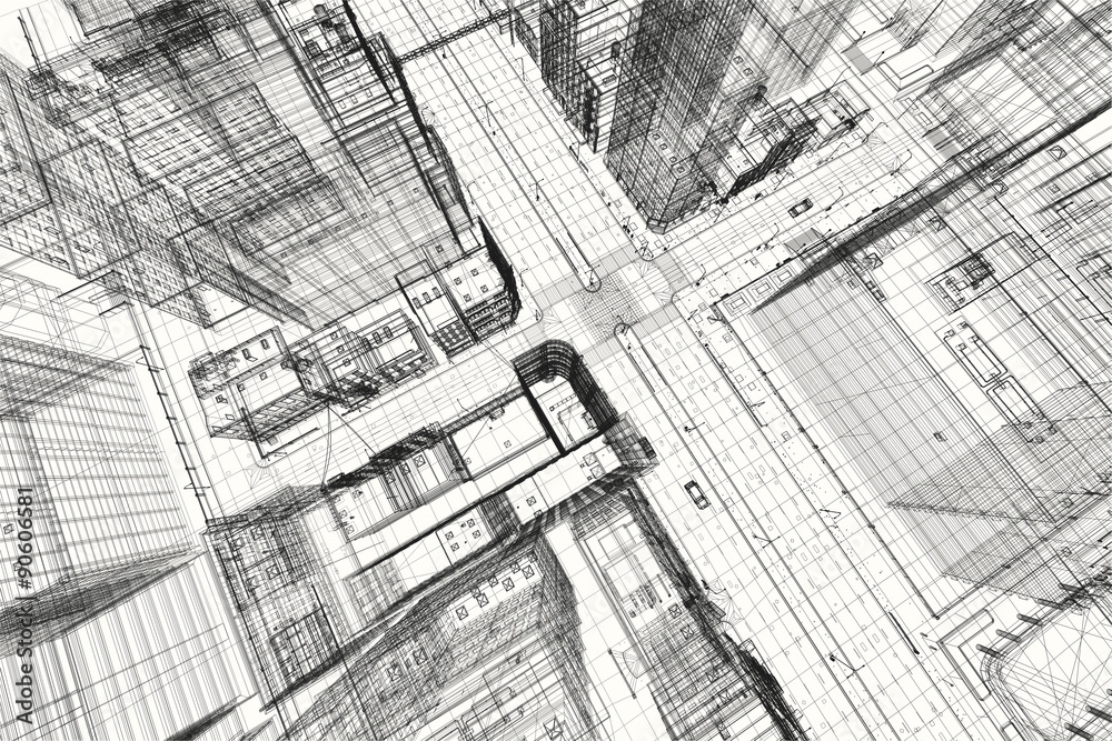 Fototapeta Projekt budynków miejskich, druk szkieletowy 3d, plan urbanistyczny. Architektura