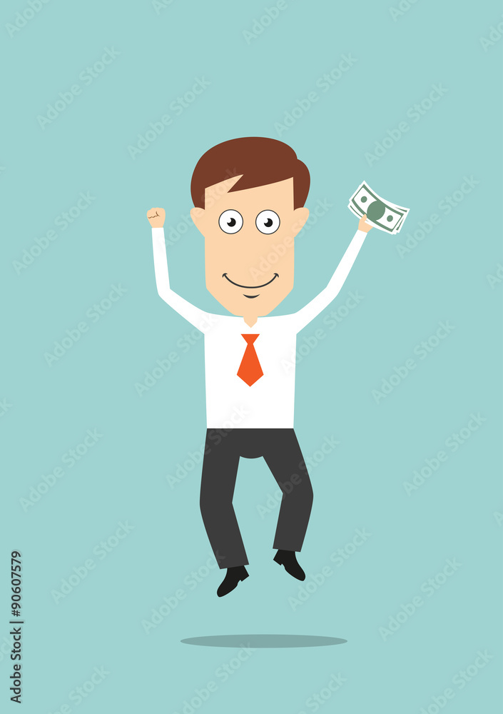 Businessman jumping with money in hand