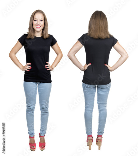 Young beautiful female with blank black shirt, front and back.