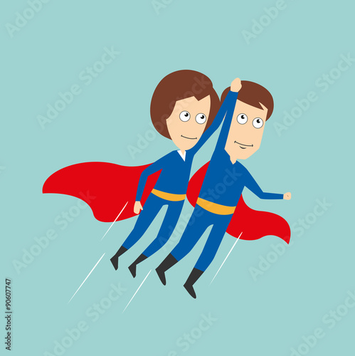 Superheroes business woman and businessman flying