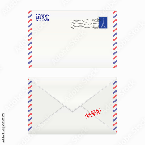 Air mail envelope with postal stamp, isolated, vector illustration