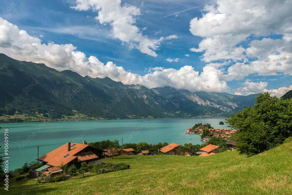 Summer landscape with view on the lake Brienz in the Swiss Alps. Mountains background. Summertime. 
