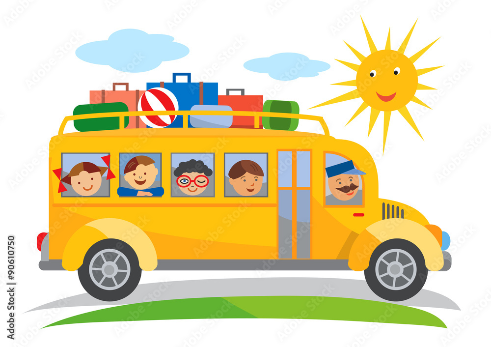 School bus field trip cartoon. Cartoon of yellow School bus traveling on a  school trip. Vector available. Stock Vector | Adobe Stock